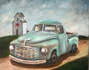 Canvas print of an original acrylic painting. Studebaker Grain Elevator 12 x 12