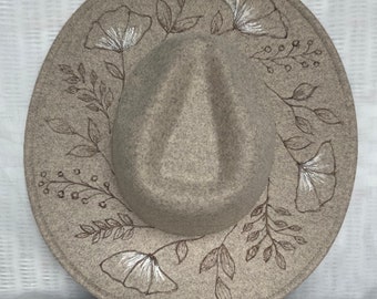 Hat Pyrography, Wildflower Hat, Universal Thread Felt Wide Brim Rancher Hat Tan, Burned and Painted Boho