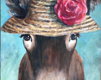 Canvas print of an original acrylic painting. Donkey and Hat, farm, country, primitive painting 11 x 14