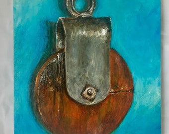 Canvas print of an original acrylic painting. Industrial primitive barn pulley. Pulley #6