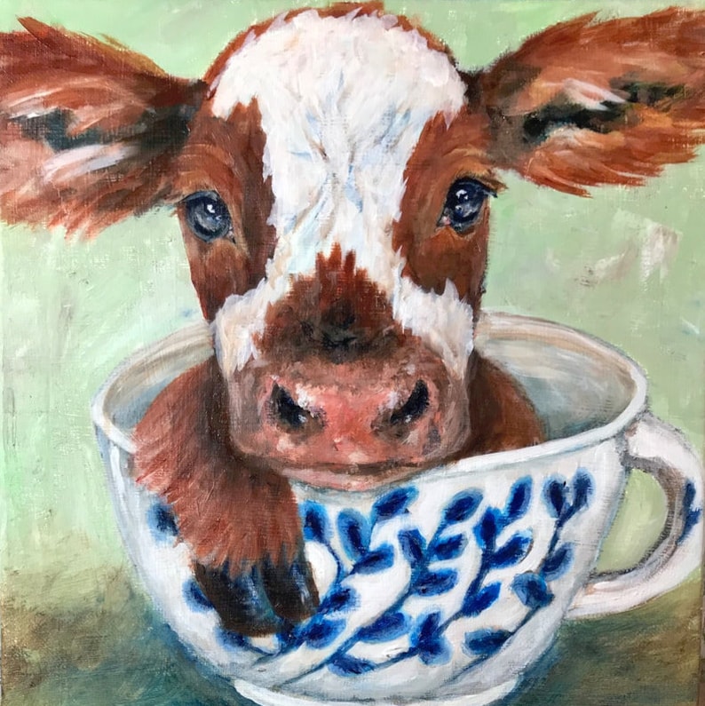 Canvas Print of an Original Acrylic Painting. Teacup Cow, Farm, Country, Primitive Painting 12 X