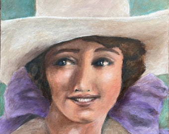 Canvas print of an original acrylic painting.  Vintage Cowgirl #5, Violet, Western, country,  painting 16 x 16