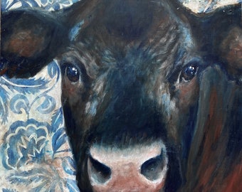 Canvas print of an original acrylic painting. Cows in the House #9 angus  farm, country,  giclee print 16 x 16