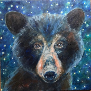 Canvas print of an original acrylic painting. Ursa major bear stars constellation bear cub  14 x 14
