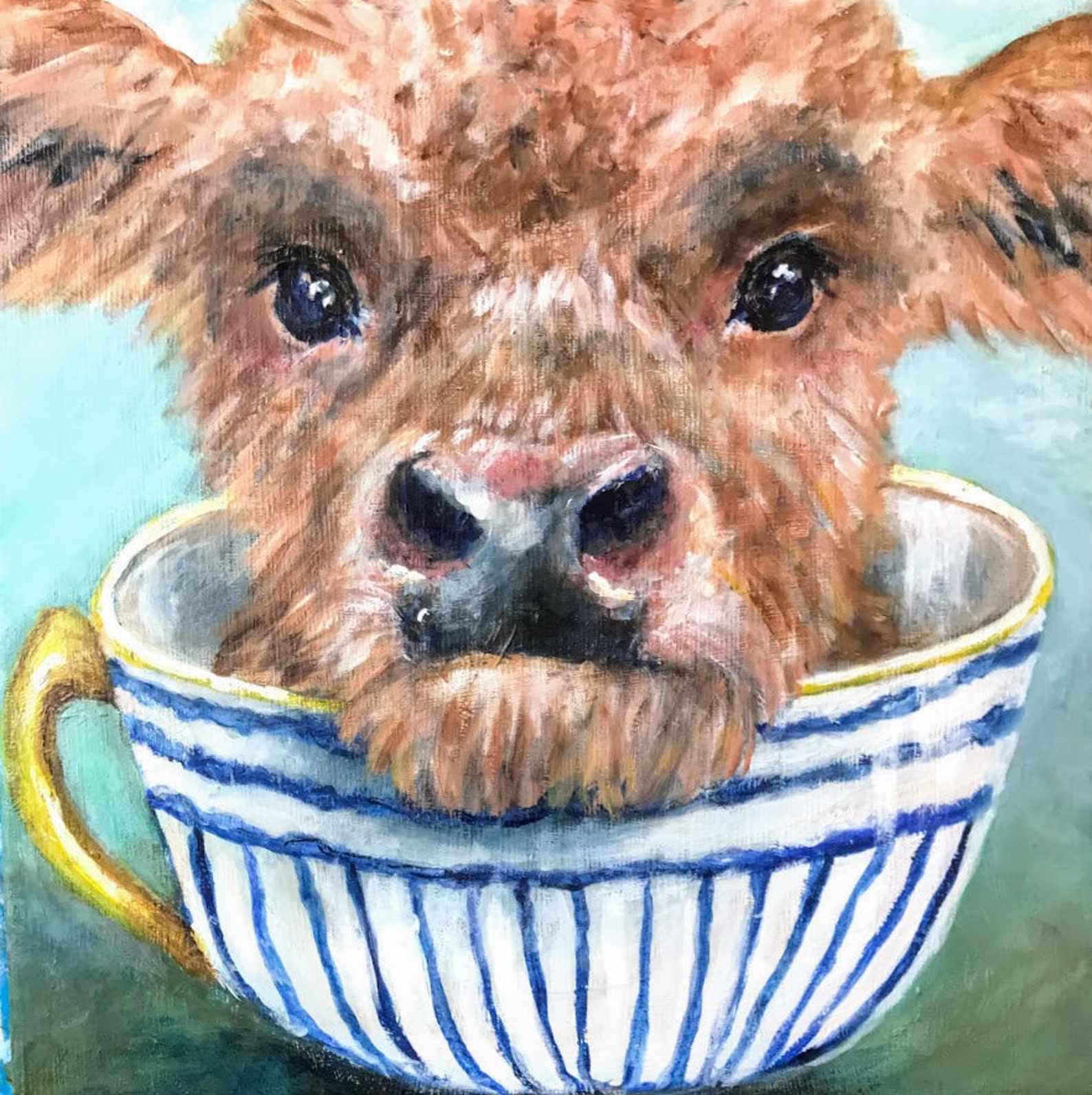 Canvas Print of an Original Acrylic Painting. Teacup Cow, 2 Farm, Country, Primitive Painting 12