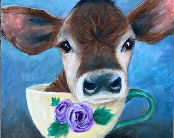 Canvas print of an original acrylic painting. Teacup Cow #3, farm, country, primitive painting 12 x 12