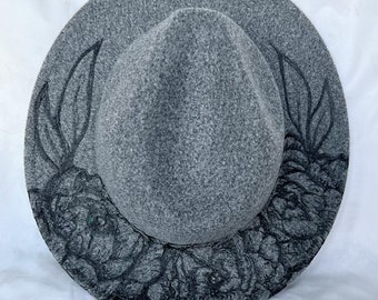 Hat pyrography, Peonies, Universal Thread Felt Fedora Rancher Hat Gray Boho