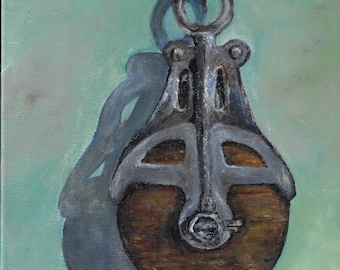 Canvas print of an original Acrylic painting. Farm industrial primitive pulley. Pulley #2