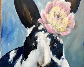 Canvas print of an original acrylic painting. Skeptical Bunny 12 x 12