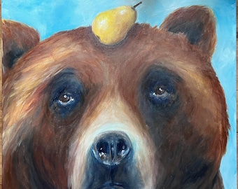 Canvas print of an original acrylic painting. Pear. Bear.  giclee print 24 x 20