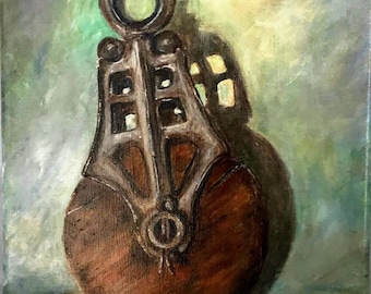 Canvas print of an original acrylic painting. Industrial primitive barn pulley. Pulley #4