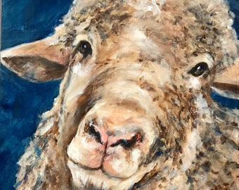 オリジナルの羊の絵画：大きなアクリル動物の肖像画 24x24インチ