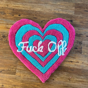 Heart Shaped Tufted Rug or wall hanging fuck off Pink Cotton Candy Blue Soft Plush 70s Inspired Hand Made Room bedroom living room kitchen