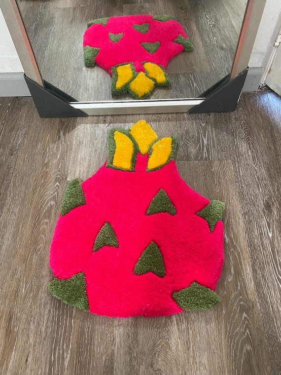 Dragon Fruit Tufted small Rug or Wall Hanging Hot Pink Green Cute Unique Bright Home Decor Kitchen Soft Plush Handmade One of a Kind