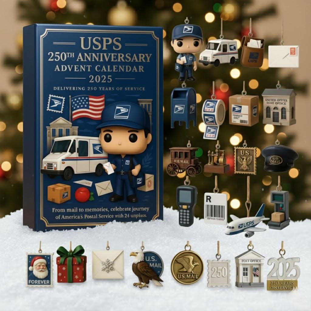 Discover Postal Service 250th Anniversary Advent Calendar, Mail Carrier Theme Holiday Collectible Gift for Adults, 24 Acrylic Christmas Ornaments