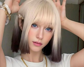 Cute Short Wig, Wig With Bangs, Woman Wig, Wig Ombre Short Bob,Light Blonde Black Ombre Straight Bob Hair Wig,Gifts for Her,Girls