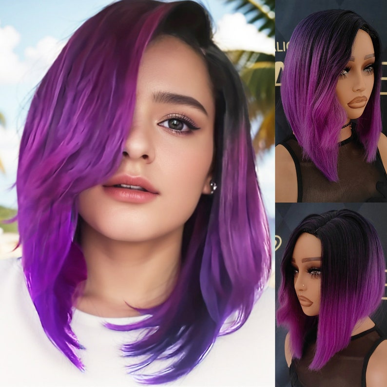 Black Purple Ombre Wig, Purple Wig, Synthetic Wigs, Cosplay Wig, BOBO