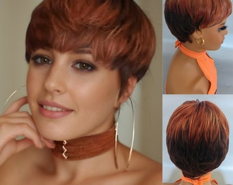 Orange Brown Wig, Short Stright Wig, Curly Wig, Short Wig, Perm Wig, Synthetic Wig, Pixie Cut Wig