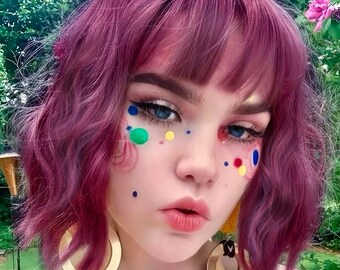 Cute Short Wig, Wig With Bangs, Woman Wig, Wig Purple Short Wavy, Bob, Wavy Hair, Purple Blonde Short Wavy Wig