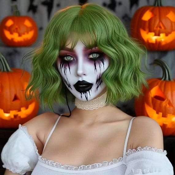 Women's Short Curly Green Vampire Wig With Bangs Halloween