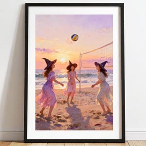 Witch Beach Volleyball Wall Art, Feminine Sunset Fantasy Print, Magical Coastal Decor
