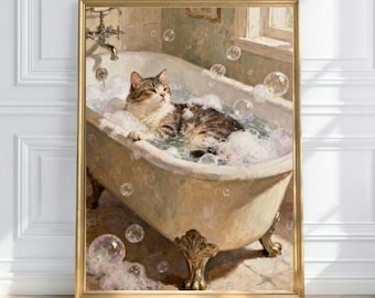 Arte de pared con baño de gato / Decoración acogedora para el hogar / Obra de arte vintage / Imprimible