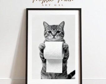 Funny Cat Toilet Paper Print, Black White Minimalist Pet Decor (Digital Download)