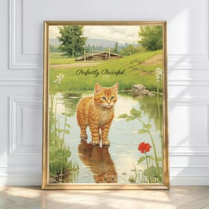 Orange Tabby Cat Print: Cottagecore Pond Landscape (Digital Download, Canva Template Available)