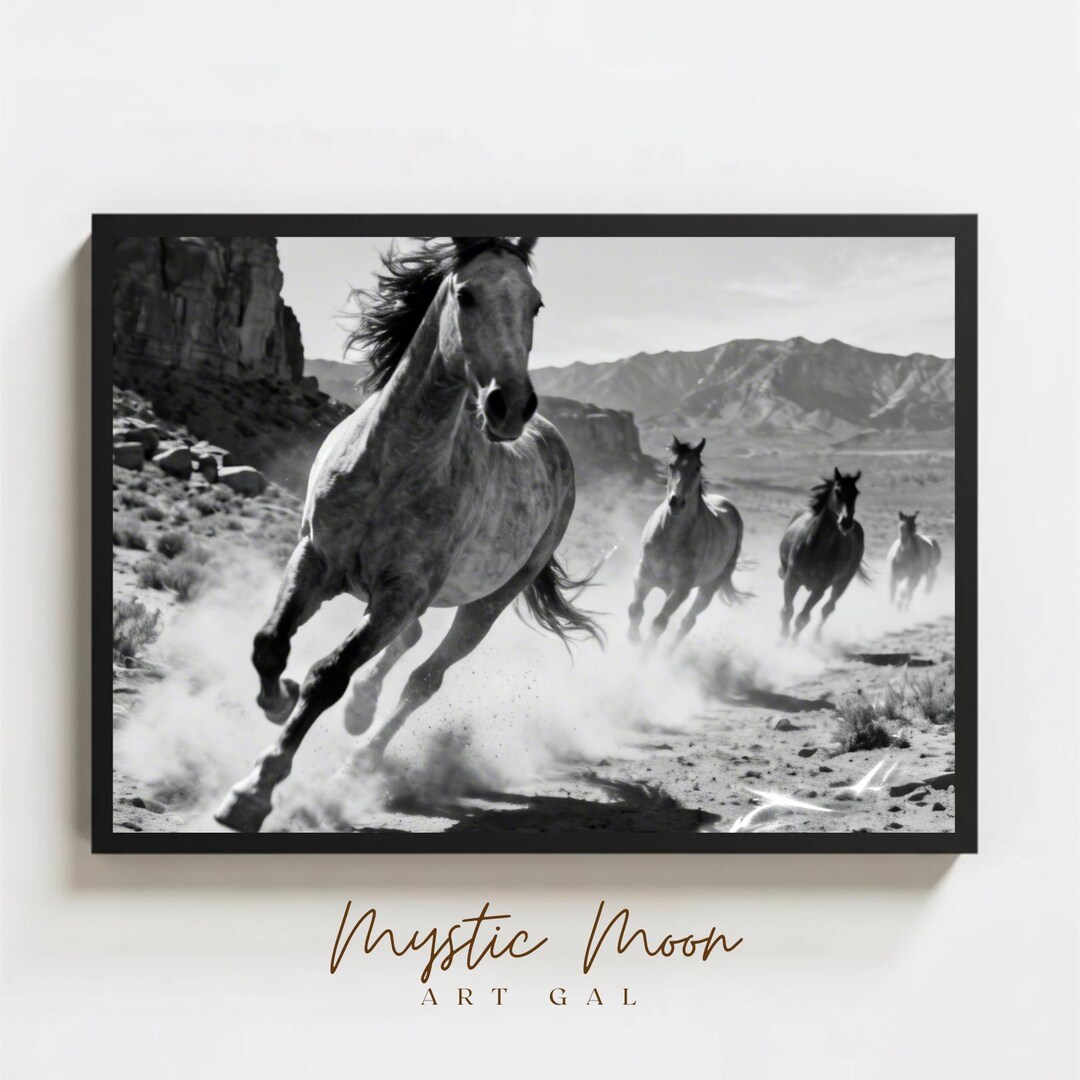 Running Horses Wall Art, Black and White Western Horse Print, Rustic ...