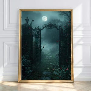 Moonlit Garden Gate Wall Art | Gothic Fantasy Printable | Haunted Path & Roses Decor | Digital Download