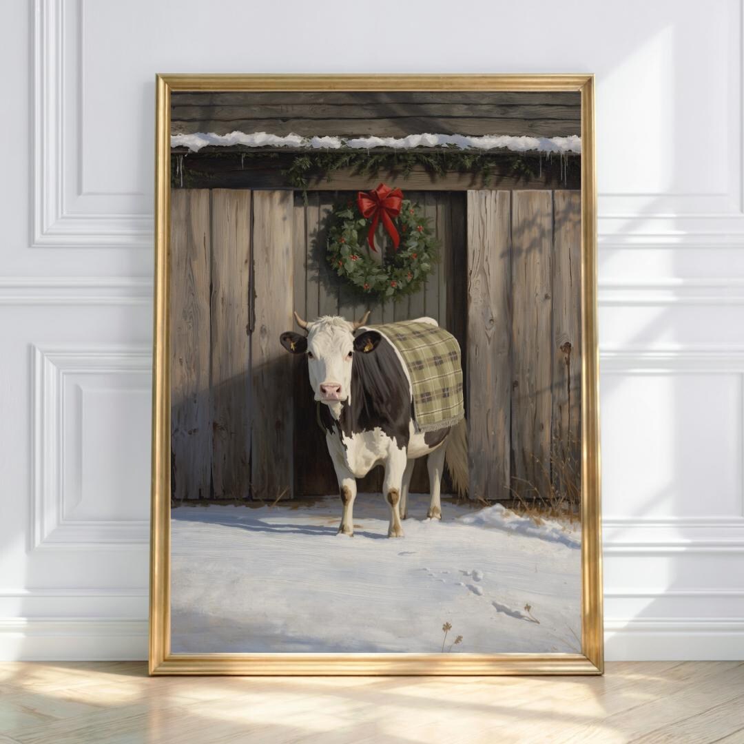 Winter Cow Barn Print | Rustic Farmhouse Christmas Wall Art | Cozy Farm ...