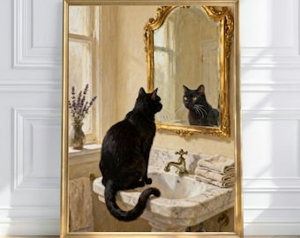 Arte de pared con reflejo de gato negro / / Decoración acogedora para el hogar / Obra de arte vintage / Imprimible