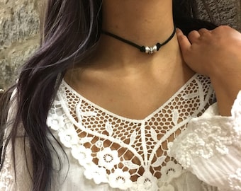 Suede Choker, Minimalist necklace, silver tube pendant, simple necklace, Layering Necklace, wrap bracelet, silver bead - AFN 126