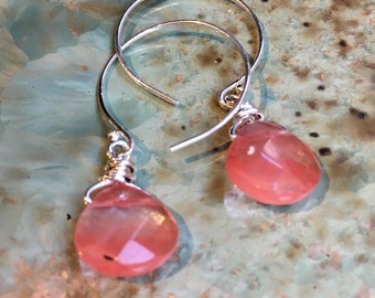 Cherry quartz Earrings, Sterling silver circle Hook Earrings, Dangle stone Earrings, wire wrap dainty Hoops, peach drop earrings - E8068-3