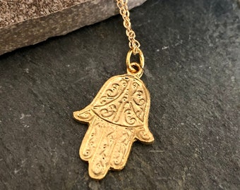 Hamsa necklace, Layering Necklace, hand of fatima pendant, Minimalist pendant, Gold plated necklace, symbol pendant - AFN 140G