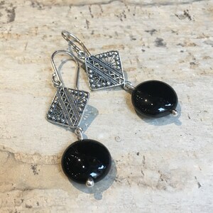 Onyx Earrings, Long silver Earrings, Sterling silver, Dangle stone Earrings, drop earrings, filigree earrings, casual earrings - Proud E8070