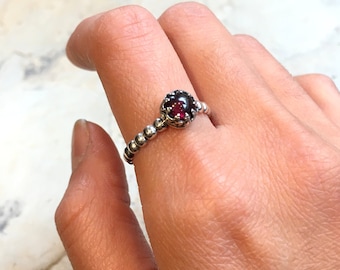 Silver Garnet ring, January birthstone ring, skinny stacking ring, silver crown ring, dainty ring, birthstone ring - Keep It Together R2465
