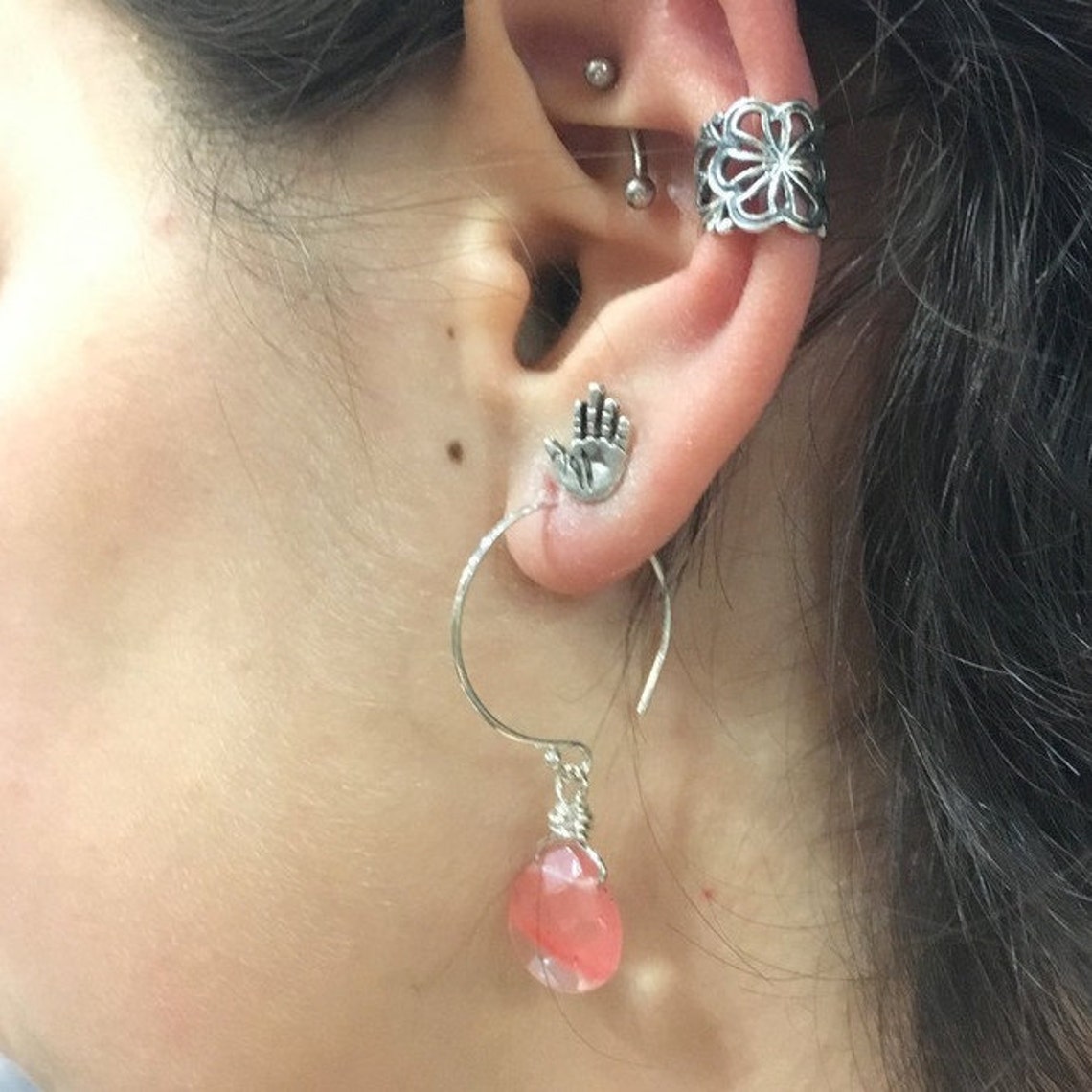 Cherry Quartz Earrings Sterling Silver Circle Hook Earrings Etsy