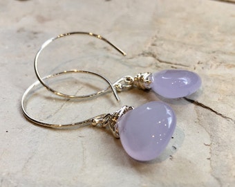 14k rose gold 0.5 high Chalcedony Earrings, Dangle stone Earrings, wire wrap silver Hoops, drop earrings - E8068-1