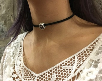 Choker necklace, Spiral necklace, Minimalist necklace, tiny silver pendant, black suede necklace, Layering Necklace, wrap bracelet - AFN 119