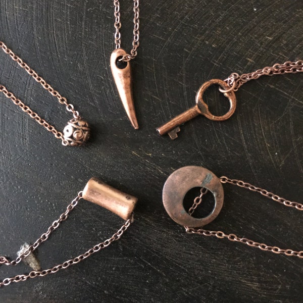 Copper charm necklace, Minimalist necklace, dainty pendant necklace, Layering Necklace, Gift for her, key, bead, bar, tube - AFN100 1-5