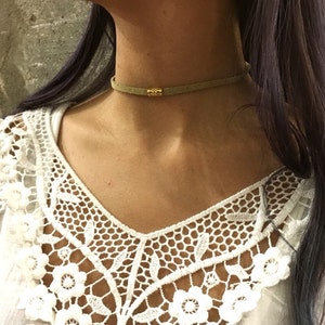 Gold tube Choker necklace, Minimalist necklace, beige suede necklace, tiny bar pendant, Layering Necklace, wrap bracelet - AFN 120