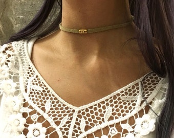 Gold tube Choker necklace, Minimalist necklace, beige suede necklace, tiny bar pendant, Layering Necklace, wrap bracelet - AFN 120