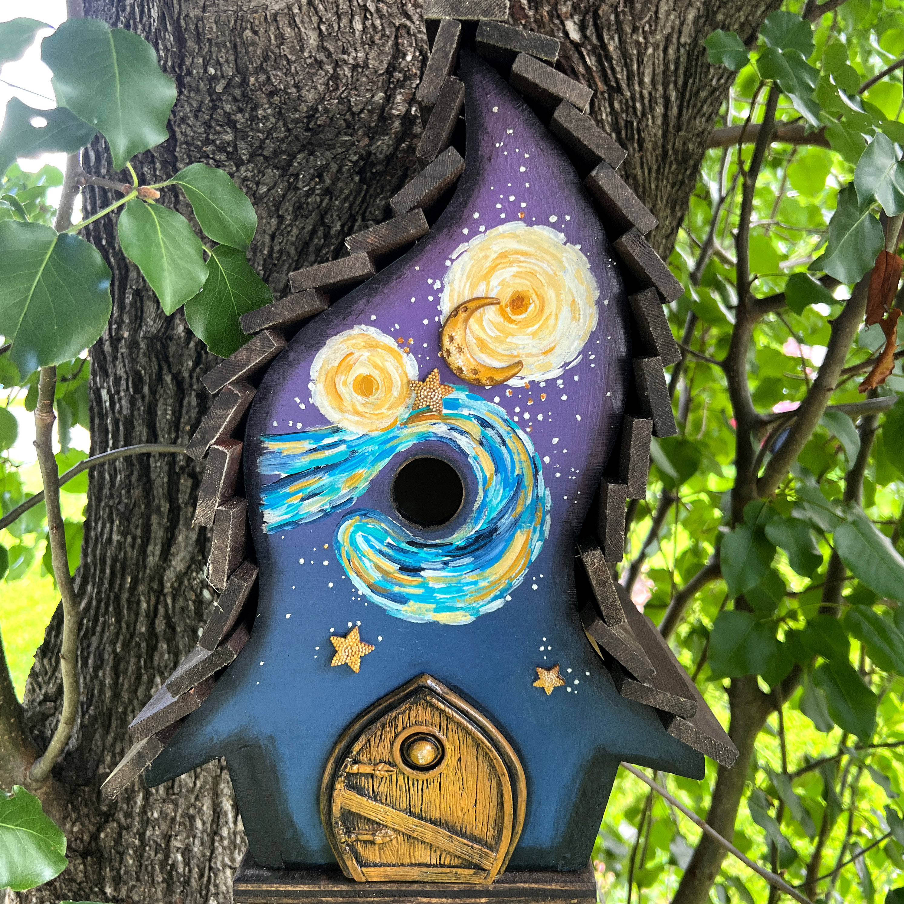Handmade Wooden Birdhouse, Garden Art, Crooked Bird House, Starry Night Van Gogh Inspired Birdhouse, Whimsical Colorful Bird House