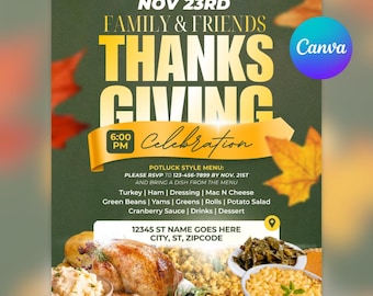 Plantilla de volante para Acción de Gracias para familias y amigos / Canva editable / Volante de evento religioso / Gráfico de celebración de otoño