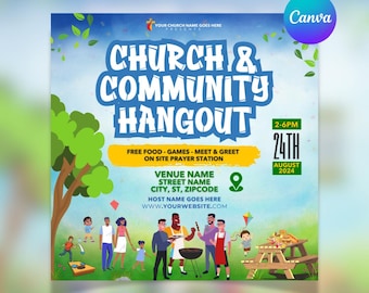 Folleto de verano para iglesias: plantilla editable de Canva para eventos de alcance comunitario, barbacoas o reuniones sociales.