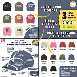 Tabla de tallas de gorras desgastadas District DT600 unisex, guía de colores, características de la gorra District Printify, tabla de colores de gorras desgastadas unisex