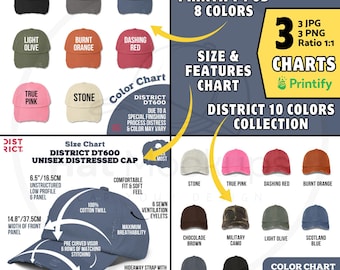 DISTRICT DT600 Distressed Cap Size Chart and Color Guides, Printify Unisex DT600 Hat Features (Digital Download Jpg, Png)
