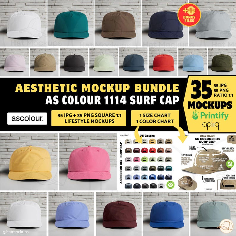 AS Colour 1114 Surf Cap Aesthetic Mockup Bundle with a white brick wall background. AS Colour 1114 Surf Cap 35 colors mockup bundle for instant digital download. Jpg and png files square ratio. For Etsy listings, Amazon lifestyle images, Shopify Hat Shops, eBay, Walmart.