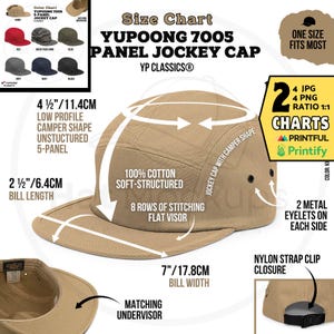 Könnte beinhalten: Khaki Yupoong 7005 Panel-Jockey-Cap mit niedrigem Profil, Camper-Form und unstrukturiertem 5-Panel-Design. Merkmale: 6,4 cm Schirmlänge, 17,8 cm Schirmbreite und Nylon-Clipverschluss. Enthält 2 Metallösen auf jeder Seite.
